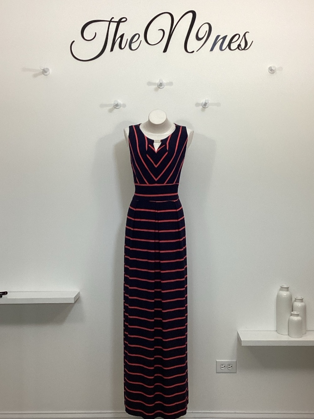 Liz Claiborne Navy and Terra Cotta Striped Maxi Dress EUC XL